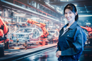 自動車工場で働く若い女性 - obrazy, fototapety, plakaty