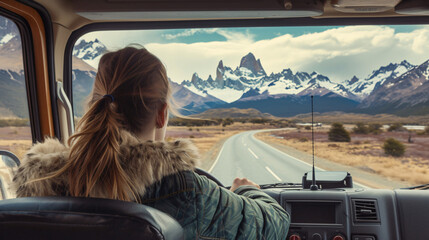 Argentina patagonia el chalten woman driving - obrazy, fototapety, plakaty