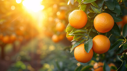 Orange grove with many oranges growing on trees in the sunshine, new harvest