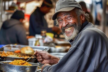 Portrait of an old African American homeless man eating food from a plate in a shelter cafe