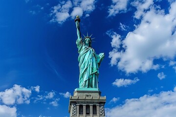 Fototapeta premium Statue of Liberty in New York on the background of blue sky with clouds, United States of America.