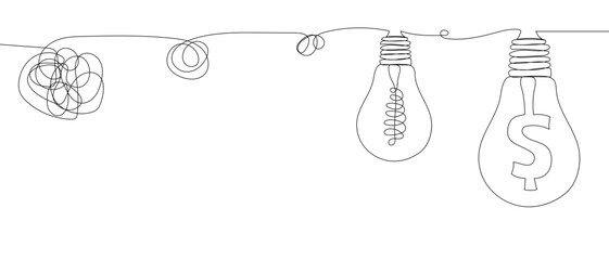 Confused thoughts, problem solving, new idea, problem solving concept. One continuous line drawing of path from chaotic to simplicity and light bulb. Problem solving and business solutions concept 