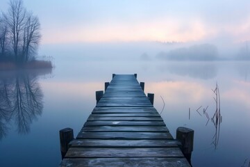 A wooden pier on a lake at a foggy dawn