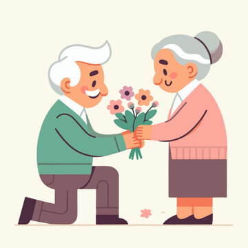 Older persons love. Grandfather gives flowers to grandmother, happy elderly family. Design for romantic greeting card for valentines day or wedding anniversary. Cartoon flat vector illustration