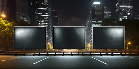 Blank black road billboard with cityscape background at night time Street advertising poster mock up .