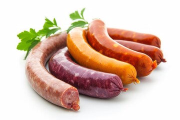 Different types of sausages isolated on white background - obrazy, fototapety, plakaty