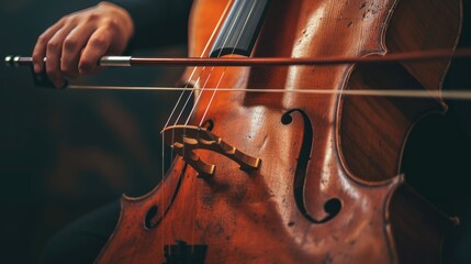 Close-up of a musician skillfully playing cello strings.