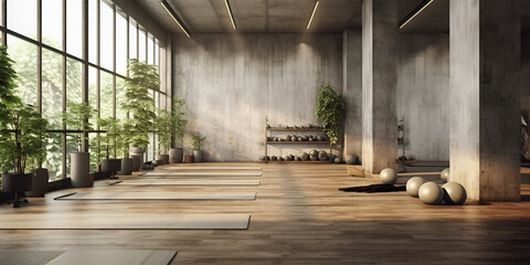 Fitness sport gym exercise yoga studio room place Healthy lifestyle training Interior of a modern yoga studio with wooden floor and large glass window. - obrazy, fototapety, plakaty