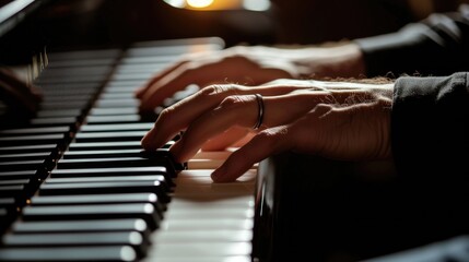 Skilled pianist passionately playing the piano with their hands.