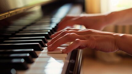 Skilled pianist passionately playing the piano with their hands.