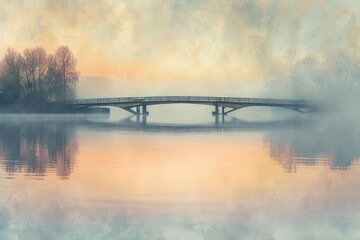Sunset on the lake, bridge and fog, soft pastel colors