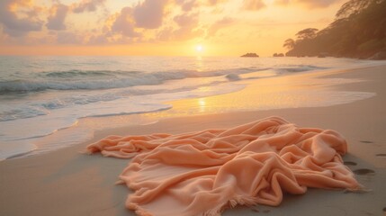 A peach blanket lies on a serene beach at sunset