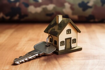 American housing market, house keys in front of the camo background, veteran housing affordability issue, savings, and mortgage concept	