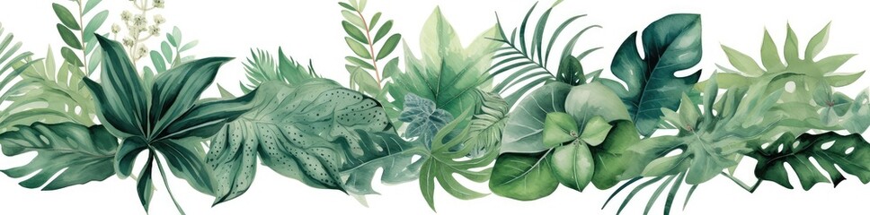 Tropical Leaves: An Iconic Junglepunk Watercolor Illustration in Green, Clean-Lined Style