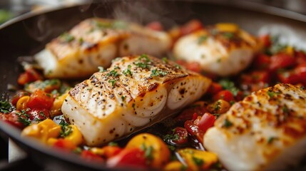 The magic of cooking fish, Chef preparing food in the kitchen, Photo of a pan fried fish with vegetables - obrazy, fototapety, plakaty