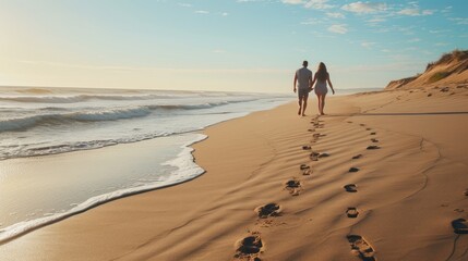 A loving couple strolling hand in hand along the sandy beach, enjoying each other's company and the blissful ocean breeze.