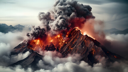 Volcano mountain fire eruption volcanic lava, danger magma explosion crater. Crater erupting - obrazy, fototapety, plakaty