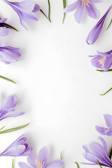 Frame of Dutch crocus flower on the white background. Spring flowers frame with copy space....