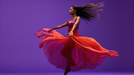 Graceful dancer captured in a mesmerizing twirl with a fluid, ethereal dress.