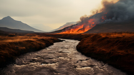 Volcano mountain fire eruption volcanic lava, danger magma explosion crater. Crater erupting