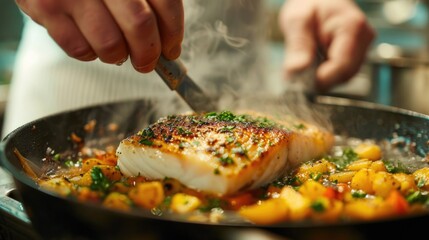 The magic of cooking fish, Chef preparing food in the kitchen, Photo of a pan fried fish with vegetables - obrazy, fototapety, plakaty