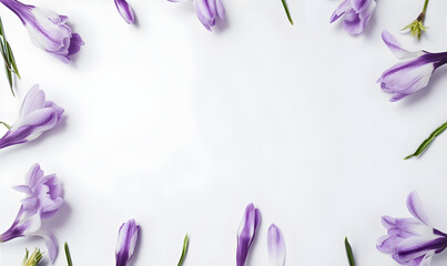 Frame of crocus flower on the white background. Spring flowers frame with copy space. Gardening...
