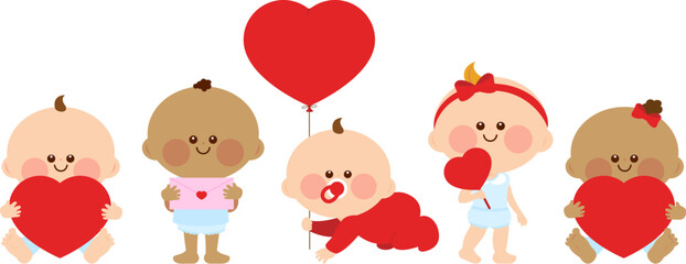 Happy Valentine day celebration babies, baby girls and boys. Cute baby toddlers, baby girls and a baby boys with red heart balloons and gifts. Vector illustration