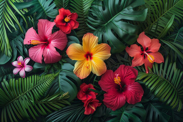 Colorful hibiscus blooms nestled among lush tropical palm leaves