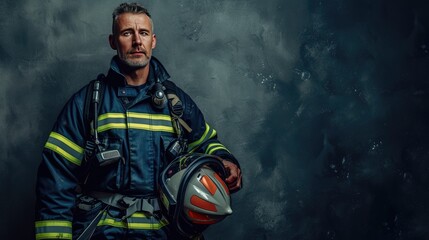 A courageous firefighter dressed in protective gear, holding a helmet, ready to tackle any emergency. - obrazy, fototapety, plakaty