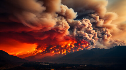 Fototapeta premium Volcano mountain fire eruption volcanic lava, danger magma explosion crater. Crater erupting