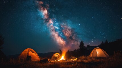 A group of friends enjoying a camping trip under the starry night, with cozy tents and a warm campfire.