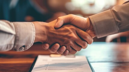 A handshake between two people over a signed financial contract.