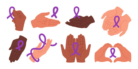 Group of diverse human arms holding awareness purple ribbons. Public awareness about fighting domestic violence, sarcoidosis, lupus, Alzheimer's disease, pancreatic cancer. Vector flat set.