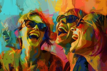 A digital art composition portraying a group of friends engaged in meaningful conversation and shared laughter. The scene includes vibrant colors and dynamic poses, reflecting the positive energy