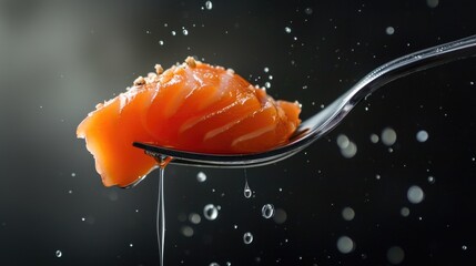 A piece of salmon is on a fork, with juice dripping down, in mid-air, close-up shot, ultra-detailed. - obrazy, fototapety, plakaty