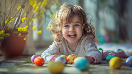 Fototapeta na wymiar Happy smiling baby girl playing with colorful Easter eggs in a cozy home environment