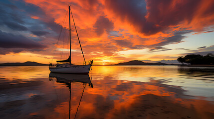 Sailboat in the sea in the evening sunlight, luxury summer adventure