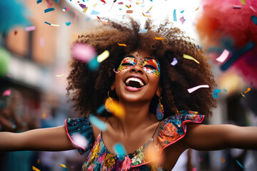 Obraz premium dancing african woman with afro confetti in the air, in the style of tilt-shift lenses, hyper-realistic portraiture, vibrant street scenes, photorealistic portraits,