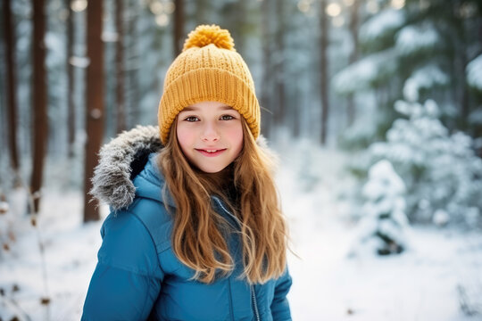 Cute teen girl having fun on a walk in snow covered pine forest on chilly winter day. Teenage child exploring nature. Winter activities for kids.