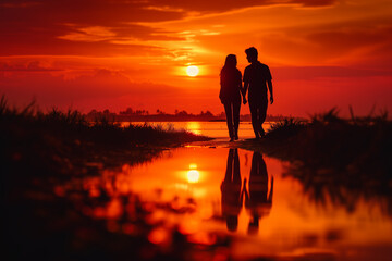 Fototapeta premium A romantic silhouette of a couple holding hands, reflected on water during a breathtaking fiery orange sunset. 