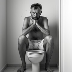 Man Sitting on Top of Toilet in Bathroom