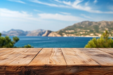 Naklejka na ściany i meble Wooden table on the background of the sea, island and the blue sky