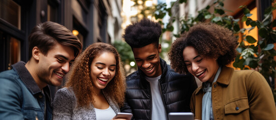 Young group of people using mobile phone device standing together in circle outdoors. Millennial friends addicted to social media app, betting or playing video game on platform online