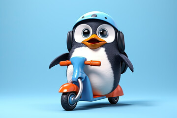 3d illustration cute penguin ride on a bike in light blue background