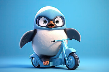 3d illustration cute penguin ride on a bike in light blue background