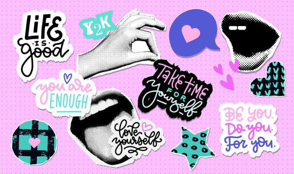 Halftone stickers set with self Love collage elements. Mouth and hands torn out papers. Modern art collage with human body parts with motivational lettering quote. Trendy vector design in Y2K style