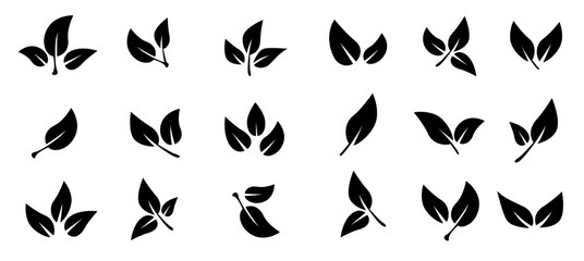 Set of black leaf icons. Leaves of trees and plants. Leaves on white background. Ecology. Vector illustration.