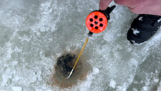 Ice fishing on frozen lake. Catching fish through an opening in the ice on a frozen body of water. Catching fish in a hole in the ice on frozen river. Winter fishing. Jigging with Small jigging rod. 
