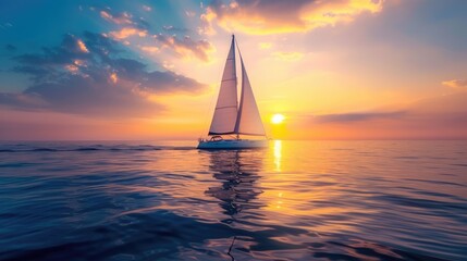 Sailing into Sunset Serenity: Embrace the Tranquil Beauty as a Sailboat Glides on Calm Waters, Bathed in the Warm Glow of a Majestic Sunset.