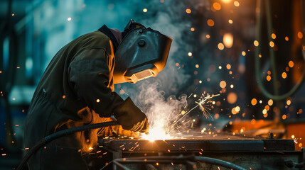 Welder welding in a construction environment. Professional worker doing manual labour.